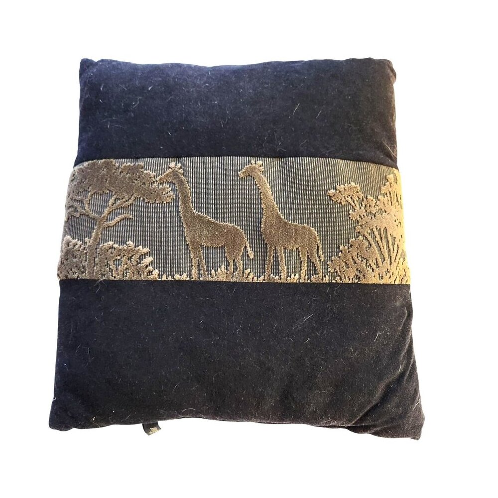 Throw Pillow Velvety Giraffe Safari animal trees nature boho vtg Bess Navy tan